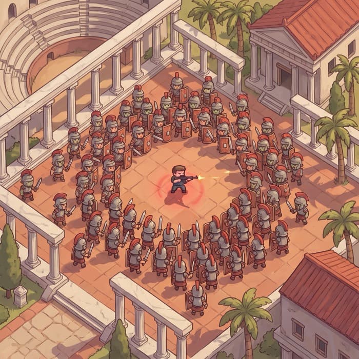 Top-down view of the Romans 1 arena: a colonnaded plaza of white pillars and tiled roofs, a dense block of legionaries advancing on the soldier at the centre.