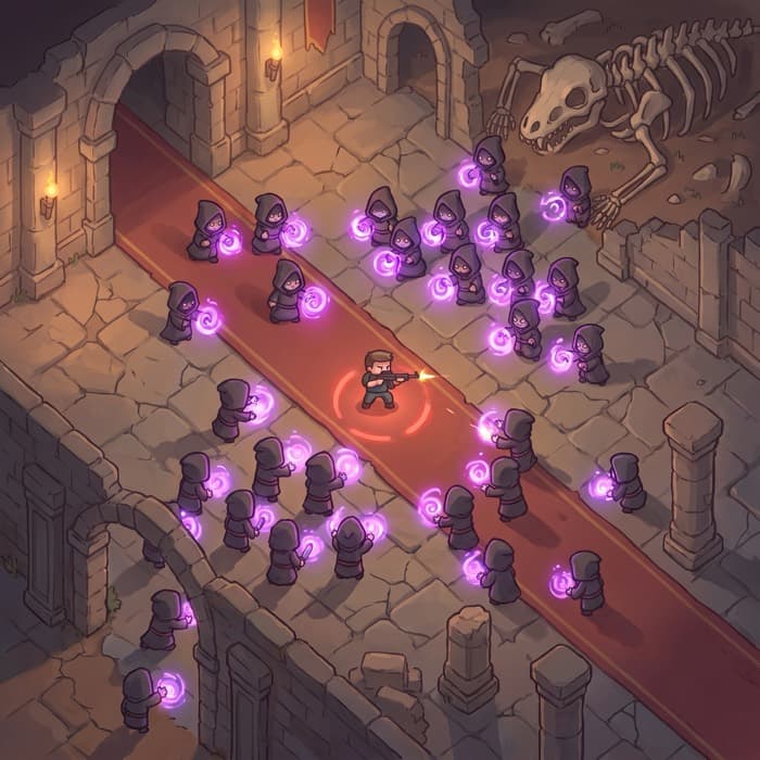 Top-down view of the Sorcerers arena: a torchlit stone crypt with arches and a giant skeleton fossil, purple-robed sorcerers throwing violet magic.