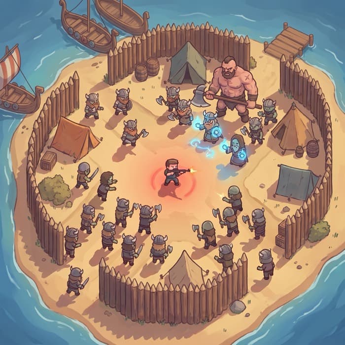 Top-down view of the Vikings 2 arena: the same palisaded beach camp, now with a bare-chested berserker at the top and blue spellcaster orbs among the viking ranks.