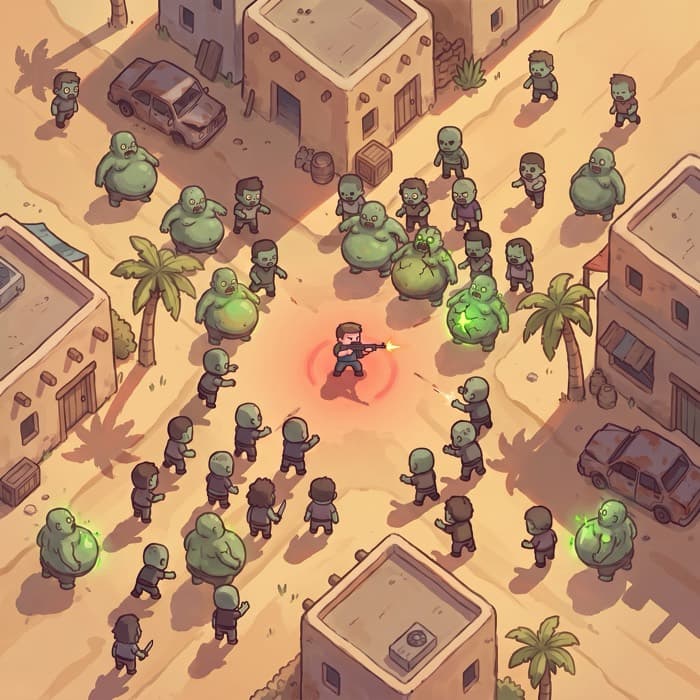Top-down view of the Zombies 2 arena: the wider desert town, with bloated green fat zombies among the horde and more wrecked cars between the buildings.