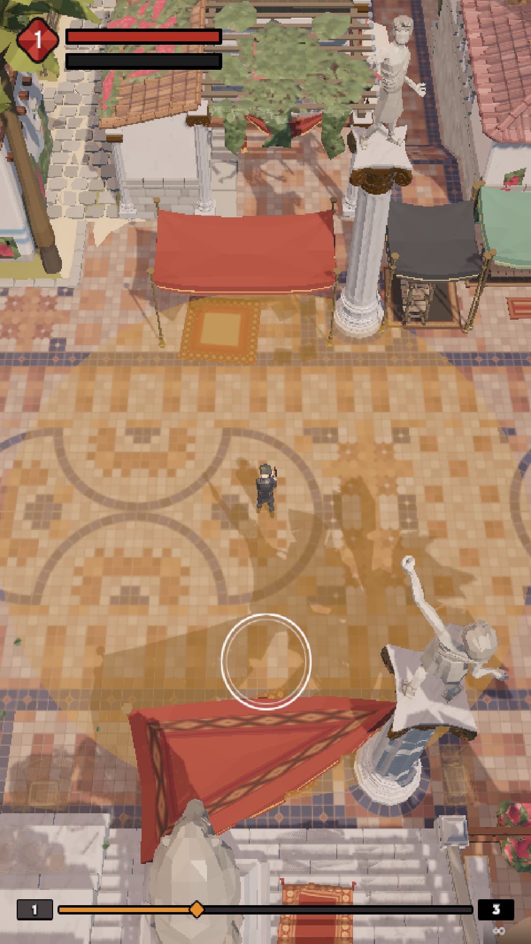 Gameplay on mobile in portrait: the single movement stick and DODGE button, with the amber auto-shoot disc drawn around the soldier.