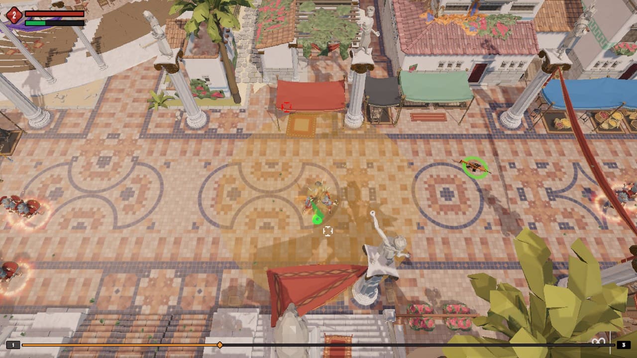 In-game capture of a roman arena: the soldier firing from the centre of a colonnaded plaza as legionaries advance on him.