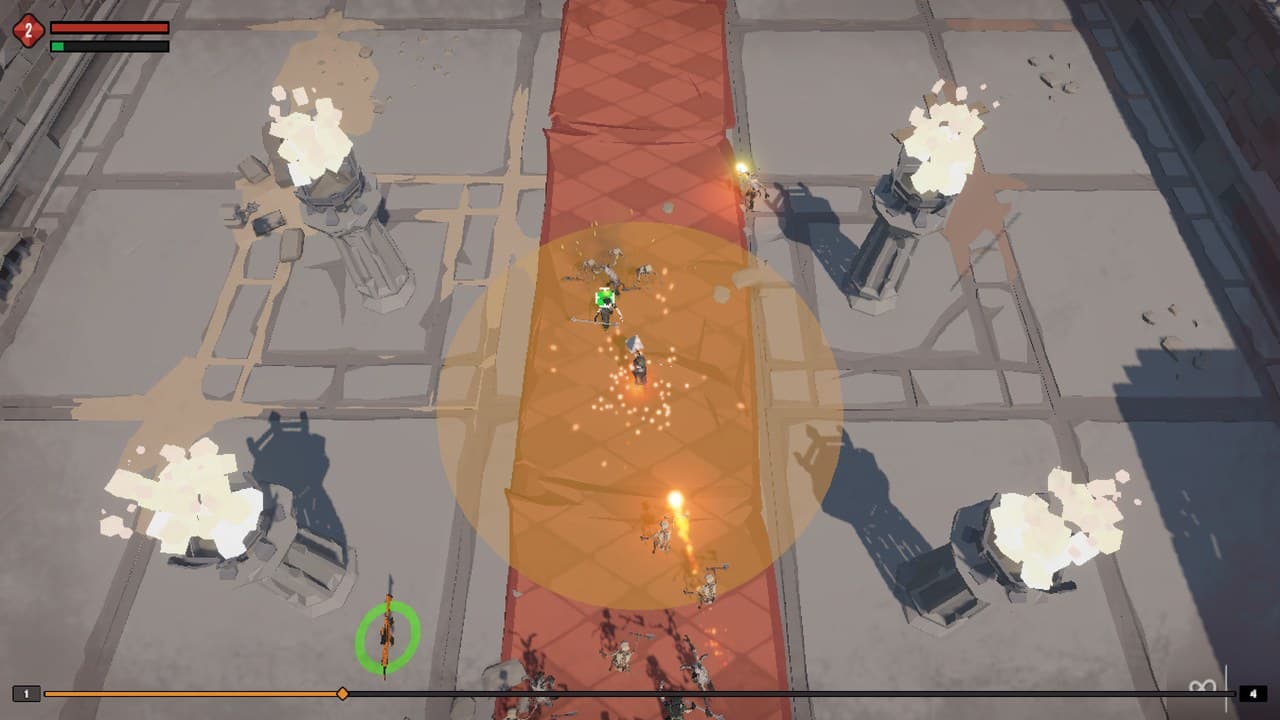 The final arena: a lava-cracked floor with skeletons and imps circling the soldier beneath the winged red demon.