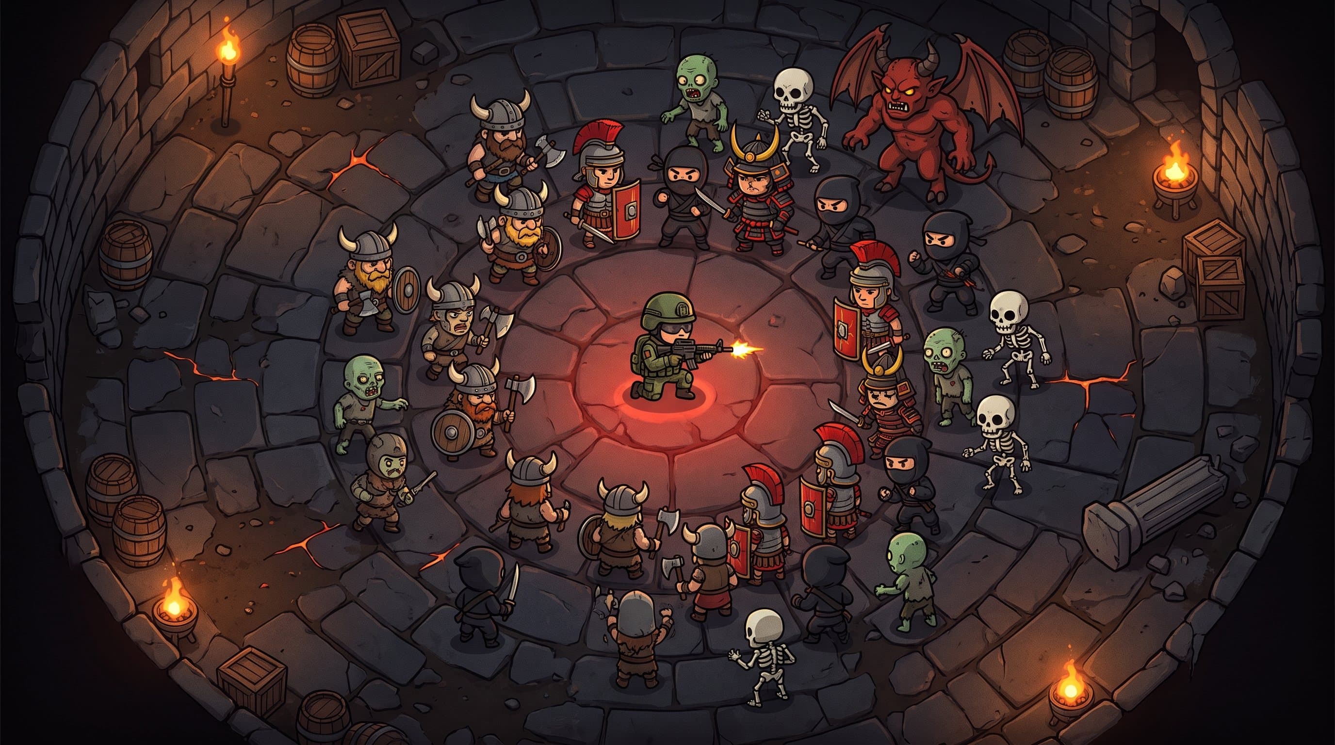 Key art: a top-down arena with the soldier alone at the centre in a ring of red light, surrounded by vikings, roman legionaries, a samurai, ninjas, zombies and skeletons, with a winged red demon looming at the edge.